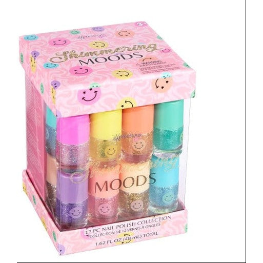 Boxed set of "Shimmering Moods" nail polish with twelve mini bottles in glittery colors.